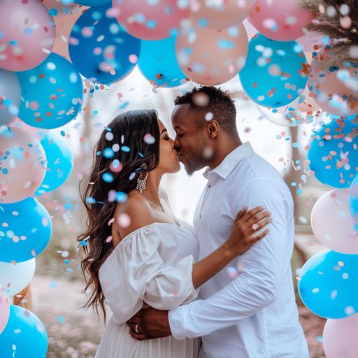 cute african-american couple kissing, wearing white, blue and pink and white ballon arch, confetti, bright