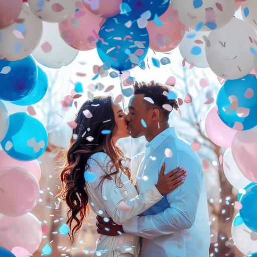cute african-american couple kissing, wearing white, blue and pink and white ballon arch, confetti, bright