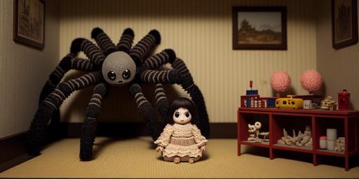 cute amigurumi tarantula spider in a little girl's Japanese room, 8k, photorealism --ar 2:1