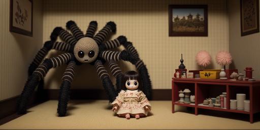 cute amigurumi tarantula spider in a little girl's Japanese room, 8k, photorealism --ar 2:1