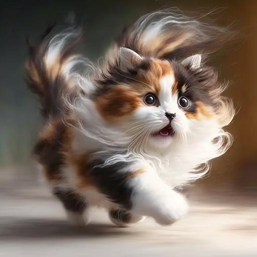 cute and happy big eyed long hair calico puppy cat playing and runing realistic style