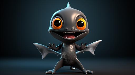 cute animated alien baby shark with big eyes, short arms and legs doing a t-pose --ar 16:9 --v 5.2