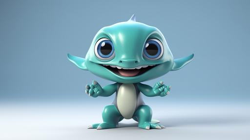 cute animated alien baby shark with big eyes, short arms and legs doing a t-pose --ar 16:9 --v 5.2