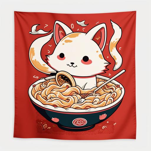cute anime fox eating ramen noodles bowl with chopsticks in White and red background ramen shop