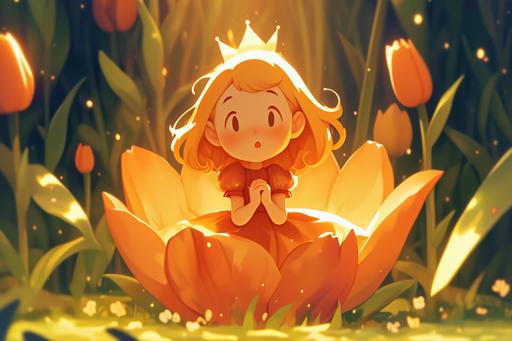 cute anime girl, cute dress, tiny golden crown, found sitting in tulip, surprised, discovery, shock --ar 3:2 --niji 6