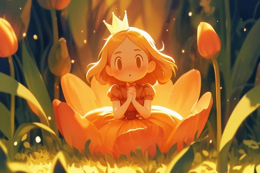 cute anime girl, cute dress, tiny golden crown, found sitting in tulip, surprised, discovery, shock --ar 3:2 --niji 6