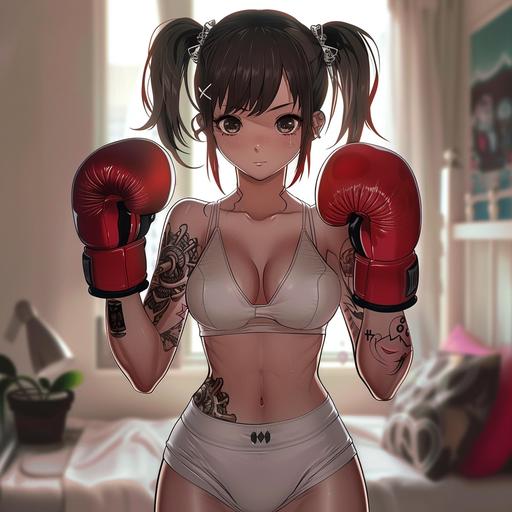 cute anime girl, tattoos on arms, red boxing gloves, black pigtails, eyeliner, white top, white shorts - - V6 --v 6.0