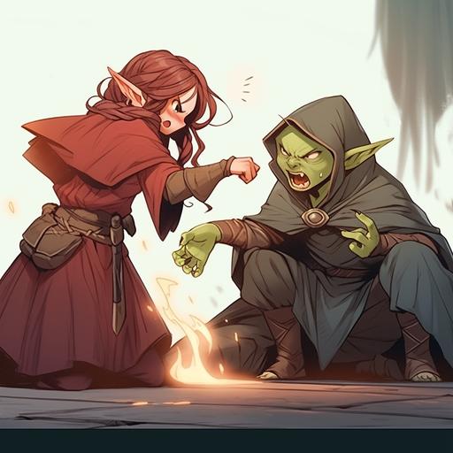 cute anime style, small goblin with green skin points finger accusingly while arguing comedically with a red haired elven mage, tiny robed Goblin mage makes fun of cute female elf sorceress, diminutive goblin in mage robes debates with red haired elf that has golden eyes, male Goblin with green skin argues in a funny way with pretty female elf with golden eyes, squat Goblin mage in full robes stomps behind an cute and angry female elf with red hair, Arguing, argument, angry, cute, funny, Full Body Hero, Full view, bright sunlight, unreal render, ultra realistic digital art, hyper realistic, 150 mm lens, soft rim light, octane render, unreal engine, volumetric lighting, dramatic light, 8k, neon ray tracing, path tracing, volumetric light, optix Cinematic post processing, cinema4d, octane render, optix, volumetric fog, global illumination, photorealism, post processing Photoshop, --niji 5