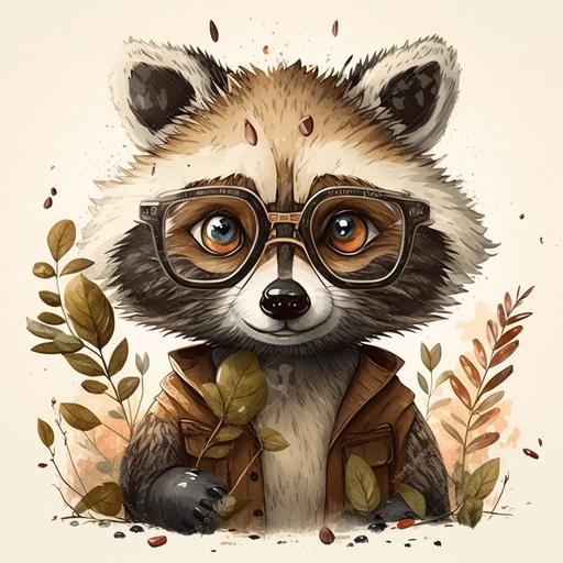 cute anthropomorphic racoon with glasses, for children’s book, Character design, watercolor, cartoon, animation, forest background, highly detailed