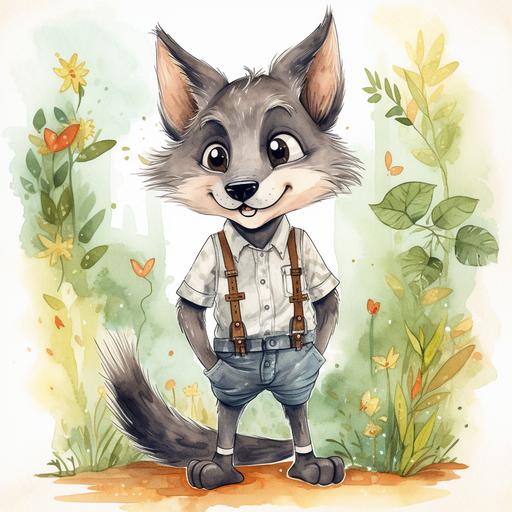 cute anthropomorphic wolf with suspender, for children’s book, Character design, watercolor, cartoon, animation, forest background, highly detailed --v 5