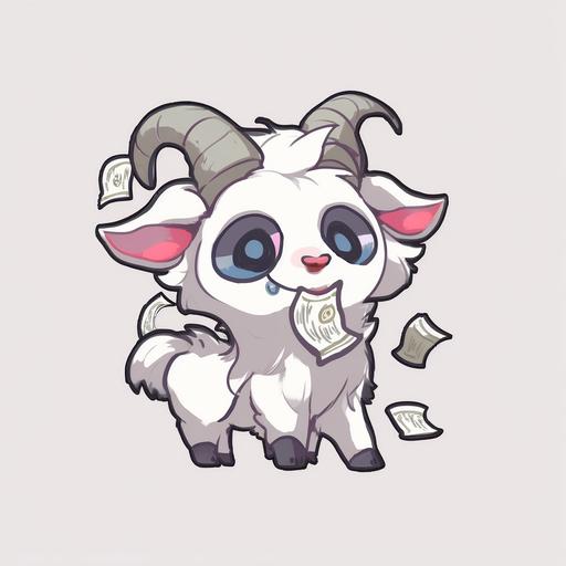 cute avarice goat, big shiny eyes, eating dollar bills, sticker design, white background --niji