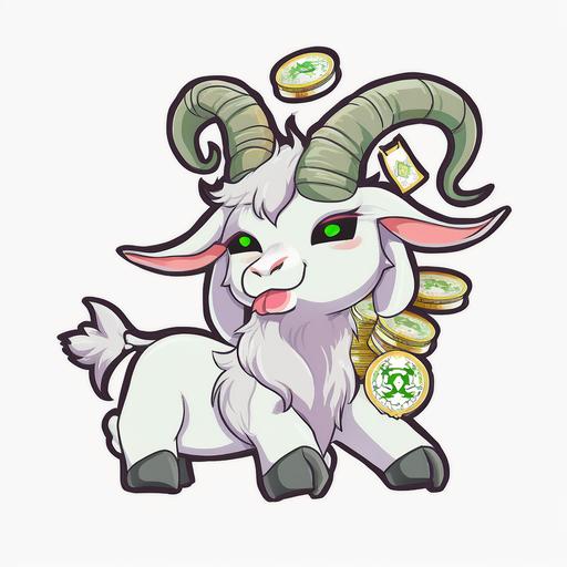 cute avarice goat, big shiny eyes, eating dollar bills, sticker design, white background --niji
