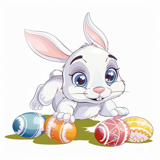 cute baby Easter bunny crawling with Easter eggs cartoon