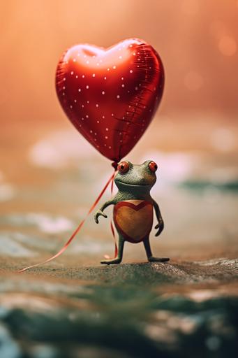 cute baby amphibian frog flying in a pico balloon, Valentine's Day aesthetic, hearts overlay, expired film, Nikon Z9 tilt shift, --ar 2:3 --v 5.1