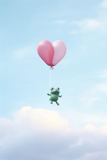 cute baby amphibian frog flying in a pico balloon, Valentine's Day aesthetic, hearts overlay, expired film, Nikon Z9 tilt shift, --ar 2:3 --v 5.2