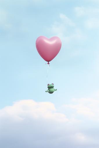 cute baby amphibian frog flying in a pico balloon, Valentine's Day aesthetic, hearts overlay, expired film, Nikon Z9 tilt shift, --ar 2:3 --v 5.2