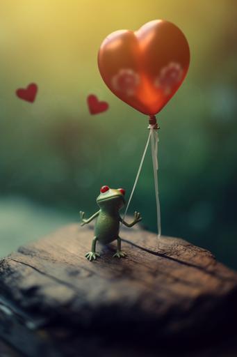 cute baby amphibian frog flying in a pico balloon, Valentine's Day aesthetic, hearts overlay, expired film, Nikon Z9 tilt shift, --ar 2:3 --v 5.1