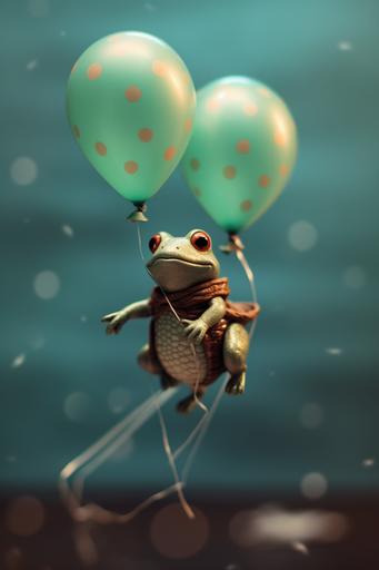 cute baby amphibian frog flying in a pico balloon, Valentine's Day aesthetic, hearts overlay, expired film, Nikon Z9 tilt shift, --ar 2:3 --v 5.1