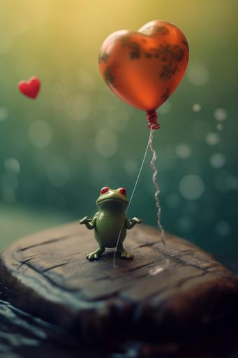 cute baby amphibian frog flying in a pico balloon, Valentine's Day aesthetic, hearts overlay, expired film, Nikon Z9 tilt shift, --ar 2:3 --v 5.1