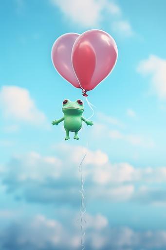 cute baby amphibian frog flying in a pico balloon, Valentine's Day aesthetic, hearts overlay, expired film, Nikon Z9 tilt shift, --ar 2:3 --v 5.2