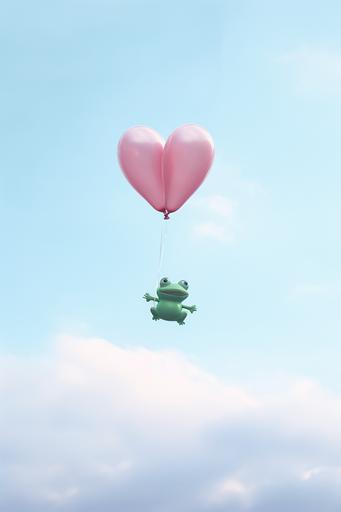 cute baby amphibian frog flying in a pico balloon, Valentine's Day aesthetic, hearts overlay, expired film, Nikon Z9 tilt shift, --ar 2:3 --v 5.2