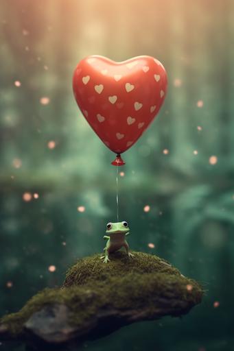 cute baby amphibian frog flying in a pico balloon, Valentine's Day aesthetic, hearts overlay, expired film, Nikon Z9 tilt shift, --ar 2:3 --v 5.1