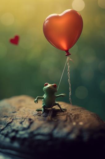 cute baby amphibian frog flying in a pico balloon, Valentine's Day aesthetic, hearts overlay, expired film, Nikon Z9 tilt shift, --ar 2:3 --v 5.1