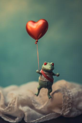 cute baby amphibian frog flying in a pico balloon, Valentine's Day aesthetic, hearts overlay, expired film, Nikon Z9 tilt shift, --ar 2:3 --v 5.1