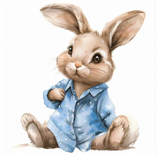 cute baby bunny in blue shirt realistic watercolour, baby, Nursery clipart on white background