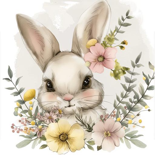 cute baby bunny with pale pink and yellow floral, greenery, flowers easter clipart, white background