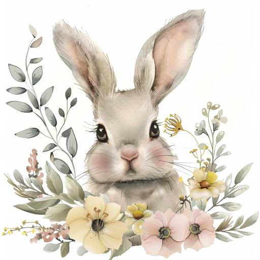 cute baby bunny with pale pink and yellow floral, greenery, flowers easter clipart, white background