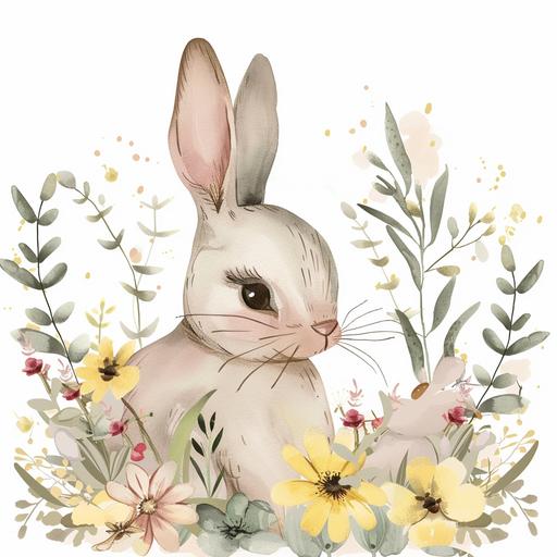 cute baby bunny with pale pink and yellow floral, greenery, flowers easter clipart, white background