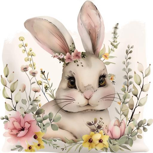 cute baby bunny with pale pink and yellow floral, greenery, flowers easter clipart, white background