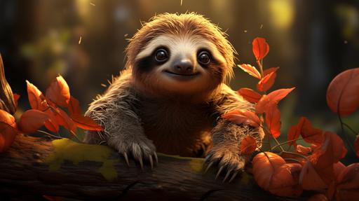 cute baby cartoon sloth in the forest --ar 16:9 --s 750