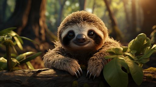 cute baby cartoon sloth in the forest --ar 16:9 --s 750