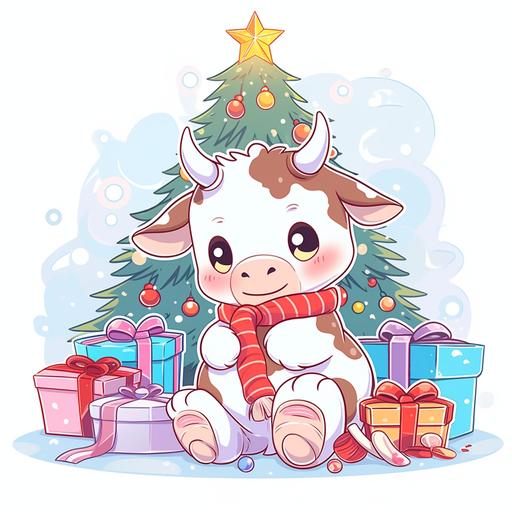 cute baby cow surrounded by christmas decorations with Christmas tree and wrapped presents in the background, isolated on white background, t-shirt design vector contour --niji