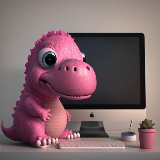 cute baby dinosaur with a job graphic designer, pink, using imac, in your studio, hiper realistic