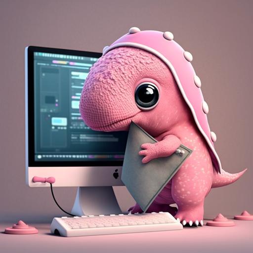 cute baby dinosaur with a job graphic designer, pink, using imac, in your studio, hiper realistic