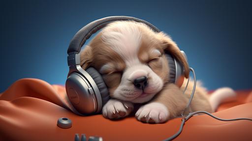 cute baby dog sleeping with headphones, pixar stely, Highly detailed, clear picture, --ar 16:9 --v 5.2