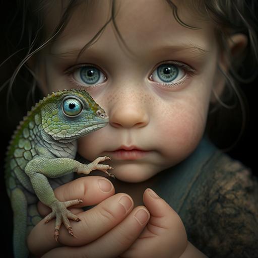 cute baby girl with blue eyes holding a green chameleon on her hand