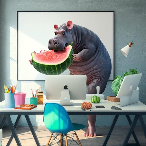 cute baby hippo eating watermelon inside a design office