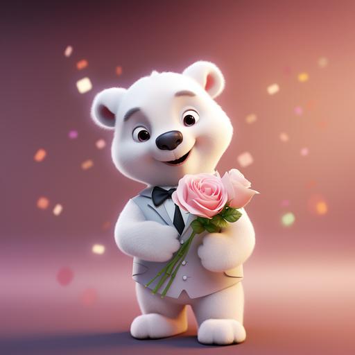 cute baby polar bear standing up, holding roses, wearing a pink tuxedo. 3D animation, Pixar likeness