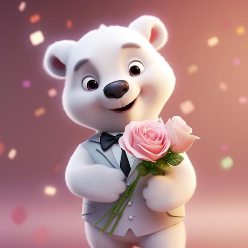 cute baby polar bear standing up, holding roses, wearing a pink tuxedo. 3D animation, Pixar likeness