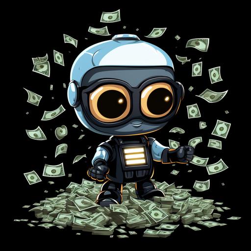 cute baby robot, profile picture, money whisperer, cartoon, black background, youtube channel