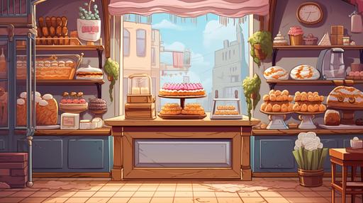 cute bakery, no peaople, cartoon style --ar 16:9