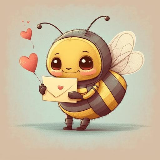 cute bee holding valentines card, cartoon style