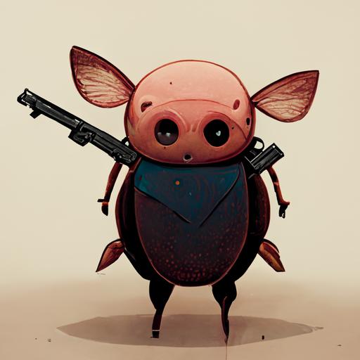 cartoon, cute, beetle body with pig head, holding a gun