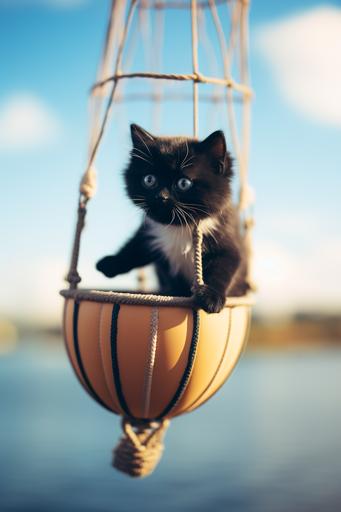 cute black kitten flying in a pico balloon schooner, expired film, Nikon Z9 tilt shift, --ar 2:3