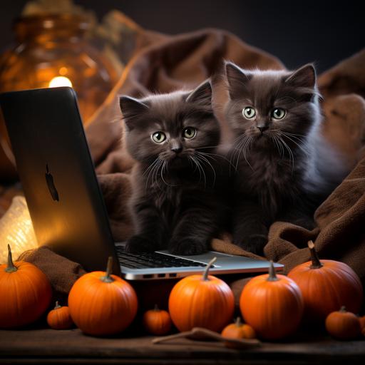 cute black kittens in a basket with pumpkins with laptop in the foreground, commercial photography, professional retouching --style raw