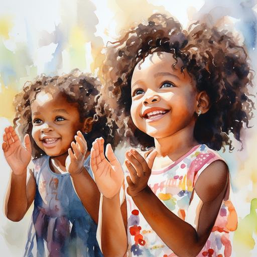 cute black little girls smiling with colorful dresses hands praising in the style of watercolor--293:151